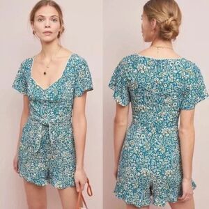 Maeve by Anthropologie Green Floral Short Sleeve Romper Belted Size 4